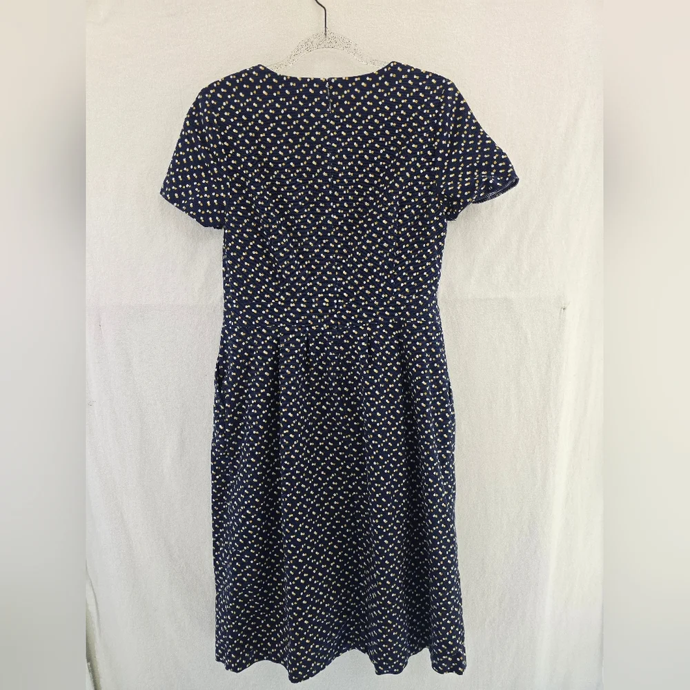 BODEN Navy Blue W/ White&yellow Dots S Sleeve Shift Zip Back Cotton Dress. Sz 8 - Picture 10 of 12